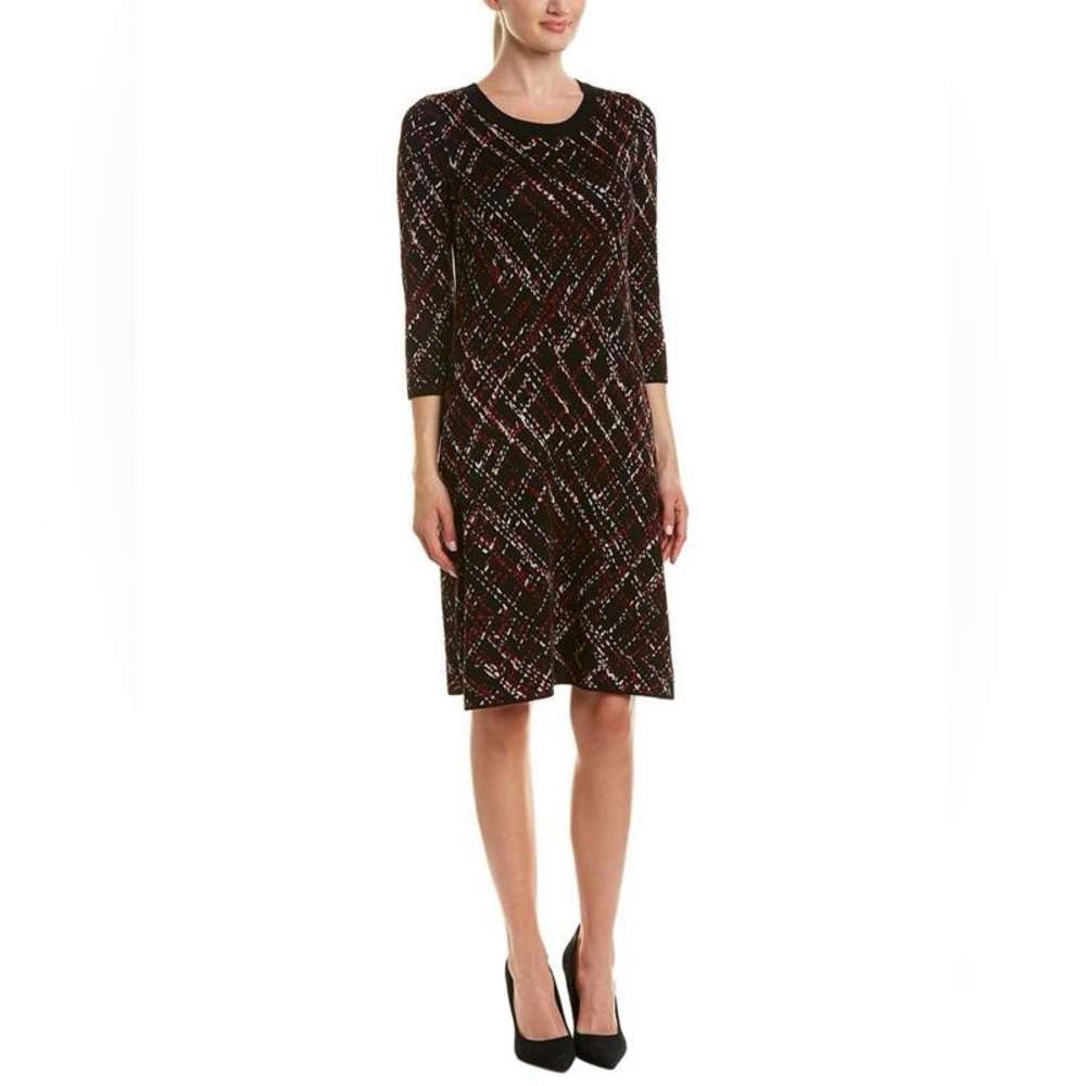 Neiman Marcus Black and Red Plaid 3/4 Sleeve Sweater Dress